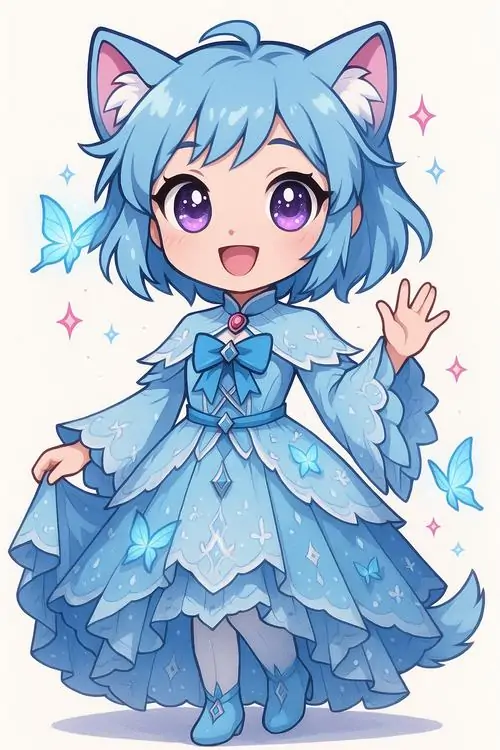 1 Ảnh chibi bé gái có đôi tai mèo tinh nghịch diện bộ váy màu xanh dương xòe rộng rực rỡ với nét vẽ vô cùng dễ thương và sống động khi đang đứng vẫy tay chào mọi người trong không gian ngập tràn ánh sáng.