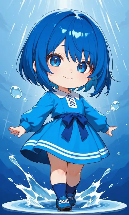 3 Hình chibi nhân vật nữ có mái tóc ngắn màu xanh đậm đang đứng giữa những làn sóng nước tung bọt trắng xóa thể hiện rõ sự tỉ lệ cách điệu vô cùng độc đáo và thu hút mọi ánh nhìn ngay từ đầu.