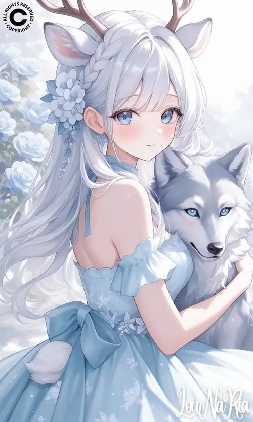 5 Avatar chibi nàng tiên mùa đông với đôi gạc nai nhỏ xinh trên đầu đang ôm chú sói tuyết bạc giữa khung cảnh băng tuyết trắng xóa mang lại một nét đẹp thanh khiết và vô cùng thoát tục cho người xem ngắm nhìn.