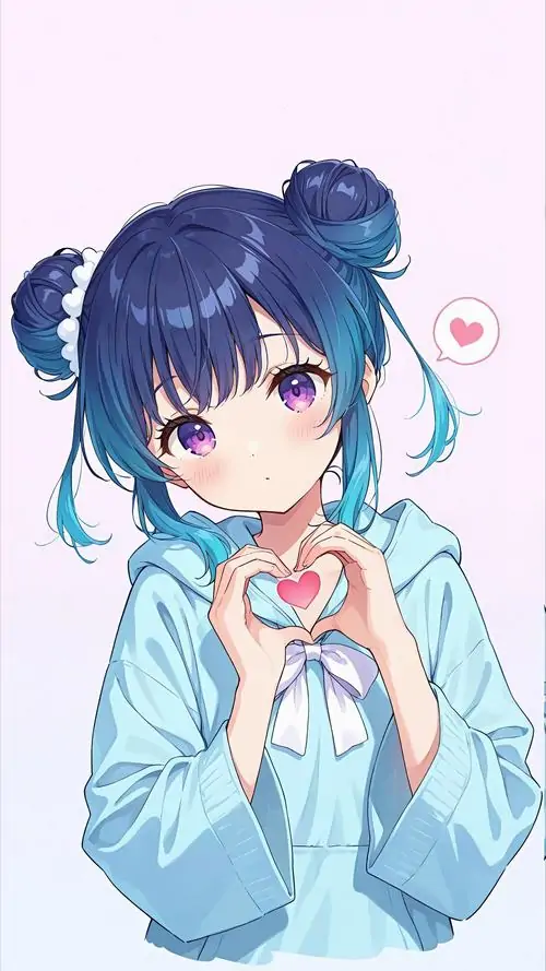 6 Nhân vật hoạt họa có đôi búi tóc tròn trịa đang làm biểu cảm ngây ngô với đôi bàn tay xếp thành hình trái tim nhỏ nhắn trong chiếc áo khoác xanh pastel mềm mại khiến bất cứ ai cũng thấy mến yêu ngay lập tức.