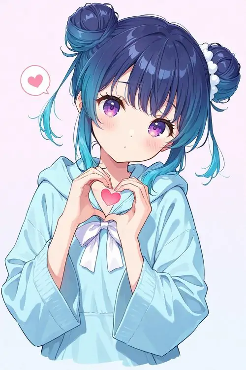 8 Hình vẽ nét hoạt hình về một cô bé sở hữu đôi mắt to tròn long lanh đang gửi gắm tình cảm qua cử chỉ tay dễ thương trên nền hồng nhạt làm nổi bật trang phục màu xanh dương đậm chất trẻ trung năng động.