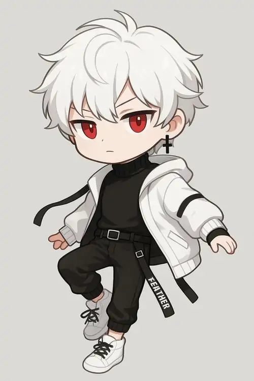 52 Trong xưởng cơ khí còn vương tia lửa, cậu chibi đeo kính bảo hộ trên đầu và khoác áo denim sẫm, bàn tay dính dầu máy làm thần thái mạnh mẽ hiện lên rất thật