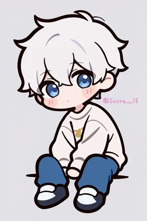 41 Cậu bé chibi mặc vest than đứng dưới đèn vàng ở sảnh khách sạn cũ, tay chỉnh khuy áo và bóng đổ dài phía sau khiến dáng nhỏ vẫn toát vẻ làm chủ