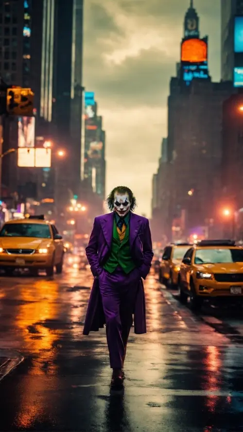 1 Giữa mưa đêm, Gotham City hiện sau lưng Joker đang cười nghiêng trong bộ vest đỏ.
