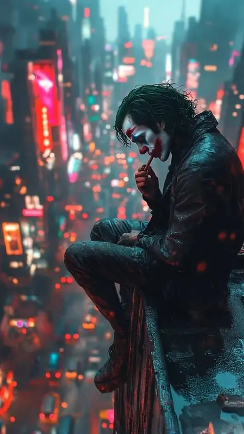 2 Trong hành lang tối, Joker nhìn thẳng ống kính với biểu tượng Batman mờ trên tường sau.