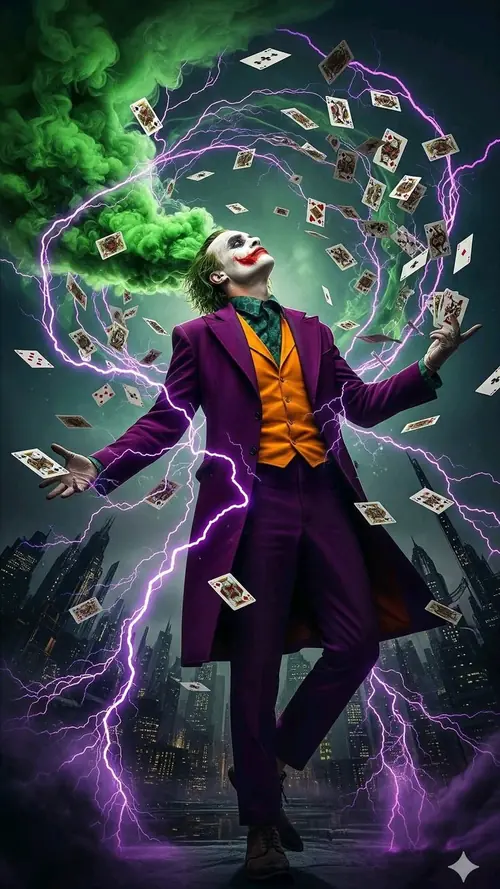 9 Mảnh gương vỡ phản chiếu nụ cười méo khi Joker chỉnh cà vạt xanh trước cửa kính.