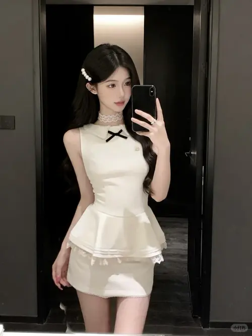 6 Dọc phố đi bộ, người phụ nữ mặc váy ngắn kẻ ô bước chậm, tay giữ quai túi bên vai.