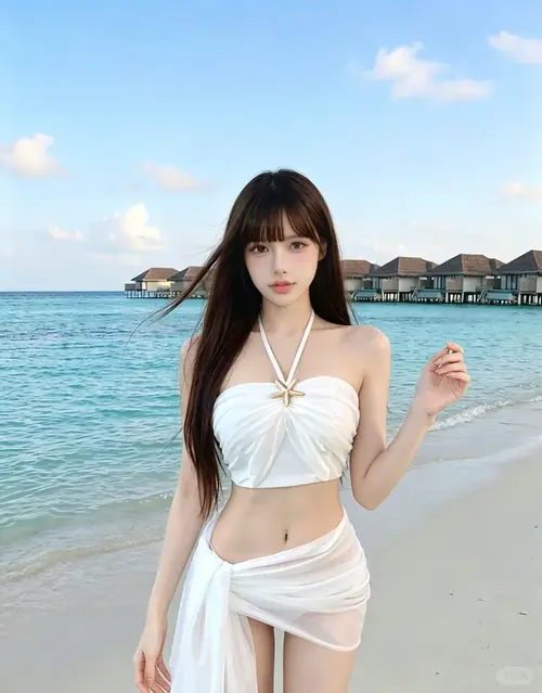 31 Cô gái nhắm mắt đón gió, hai tay vuốt tóc và đứng sát mép sóng trong ánh chiều dịu.