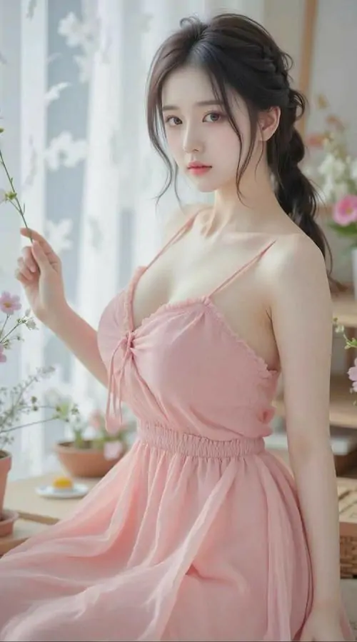 19 Người mẫu đặt tay lên eo, để vòng 1 cân đối nổi bật tự nhiên trong khung cảnh ban công.