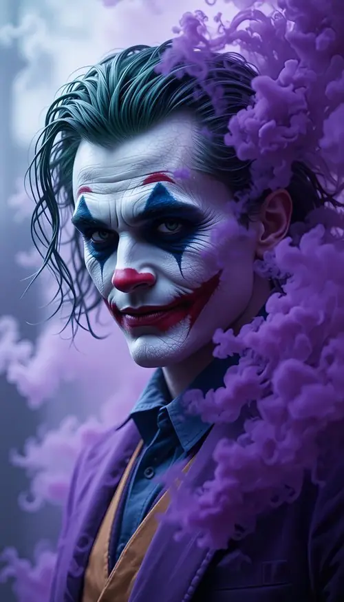 13 Bộ áo vest tím ôm gọn vóc dáng khi Joker ngồi nghiêng trên ghế dưới đèn trần.