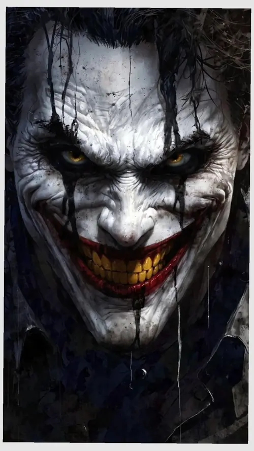 15 Ngay cận mặt, nụ cười nhếch kéo dài trên lớp phấn trắng khiến ánh nhìn Joker gắt.