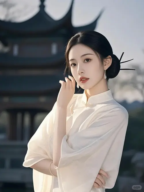 28 Phần hoa văn chim hạc chạy dọc váy xanh, nổi bật cùng dáng ngồi ngay ngắn bên bàn trà.