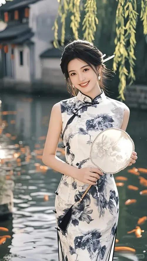 8 Tà áo giao lĩnh màu lam ôm nhẹ vai cô gái trong ảnh giai nhân xưa Trung Hoa giữa sân đá.