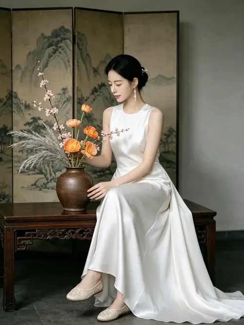 11 Phần búi tóc cao được điểm hoa nhỏ, hài hòa với gương mặt thanh tú và lớp váy màu đào.