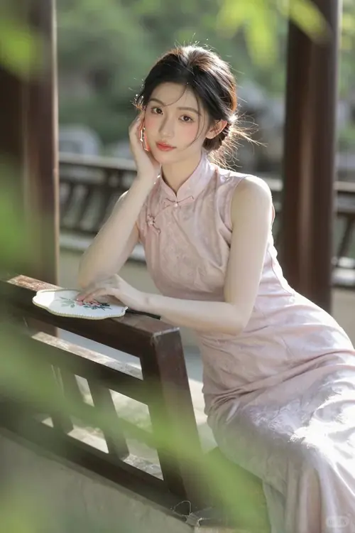 22 Ánh chiều xuyên qua mái hiên, phủ lên váy màu rượu vang và đôi tay đang khép quạt.