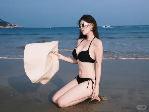 3 Trên bờ cát Đà Nẵng, cô gái mặc bikini thể thao quay lưng và đưa tay giữ mái tóc bay.