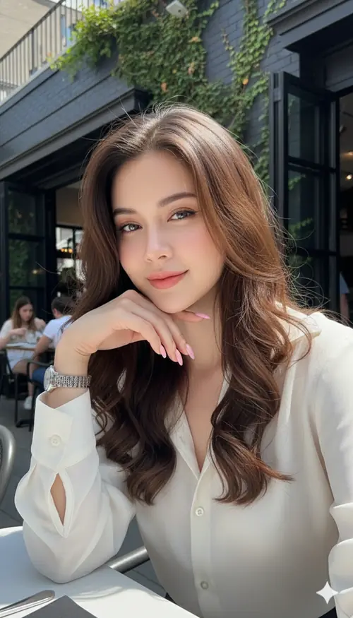 10 Bên quán cà phê, cô gái áo trắng chống cằm, mái tóc xoăn nâu phủ vai mềm.