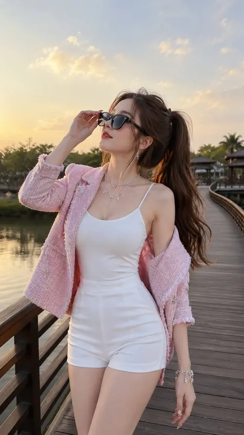 13 Lối đi lúc hoàng hôn tôn dáng cô gái mặc jumpsuit trắng, kính râm rất sang.