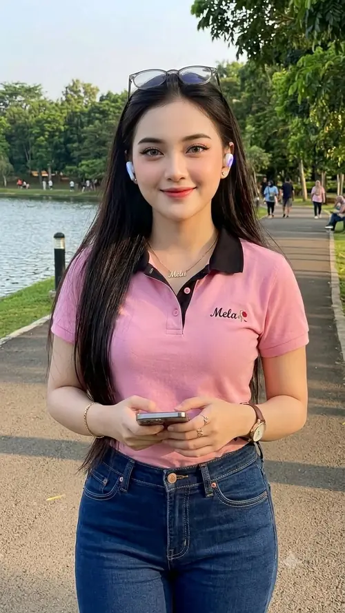 3 Nàng mẫu mặc áo hồng đứng bên hồ, tóc đen buông dài và ánh mắt rạng rỡ.