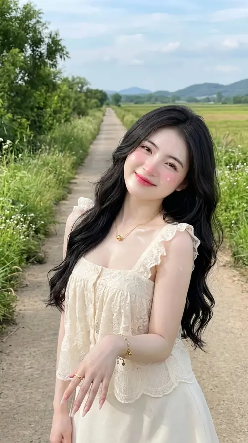 6 Cô nàng dáng đẹp mặc váy kem đứng trên đường quê, tóc dài đen mềm rất cuốn.