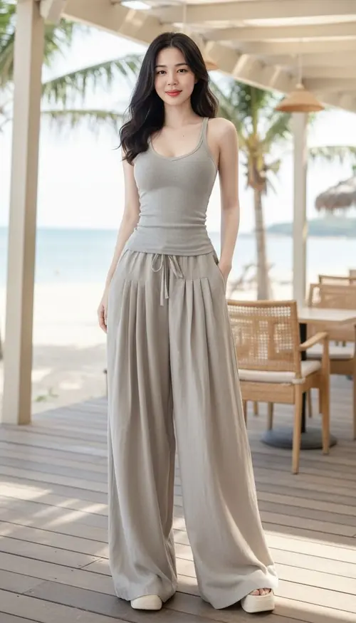 21 Bóng hồng mặc áo xám phối quần ống rộng, đứng thư thái trong quán ven biển.