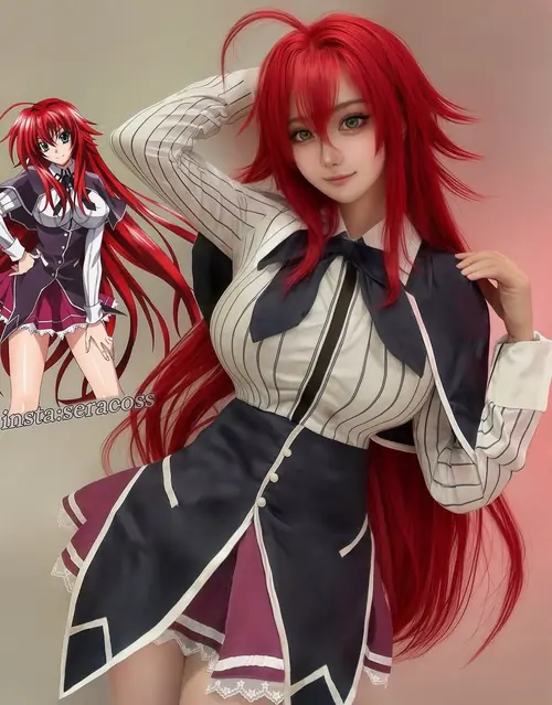 19 Nữ sinh tóc đỏ mặc đồng phục đen xám, tạo dáng tự tin cạnh poster anime