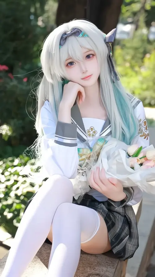 21 Ảnh gái xinh cosplay nữ anime vườn ghi lại bóng hồng cosplay tóc xanh ngồi dịu dàng