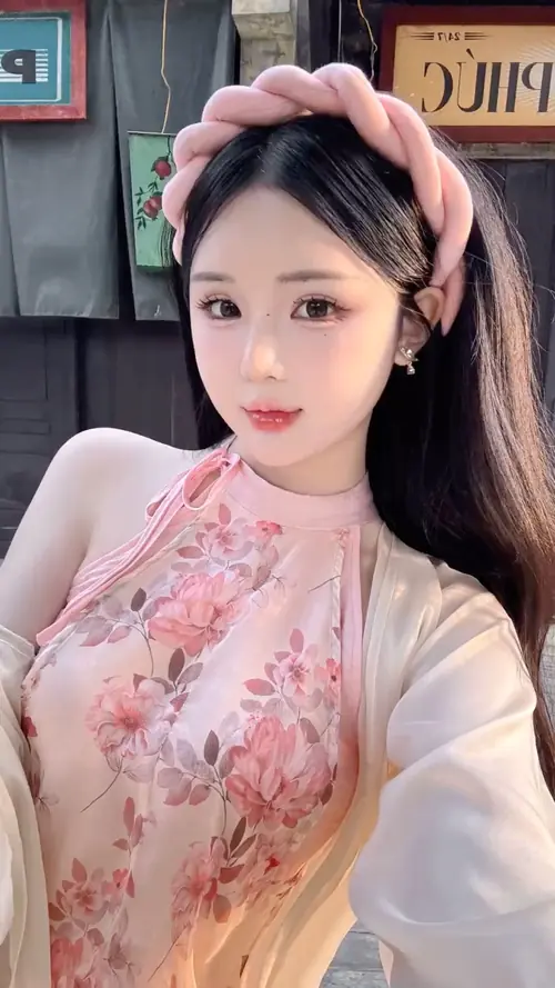 22 Chiếc khăn hồng nổi bật trên tóc hot girl Việt mặc áo hoa nhìn thẳng
