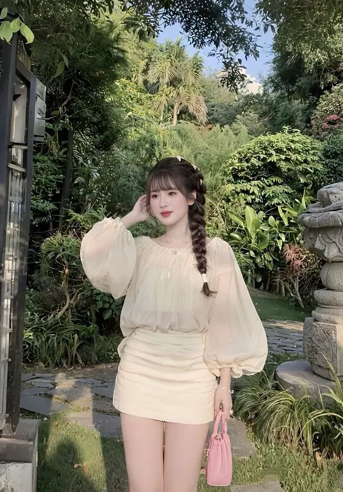 2 Giữa khu vườn nhỏ, nàng mặc set kem ôm dáng và tạo dáng mềm mại