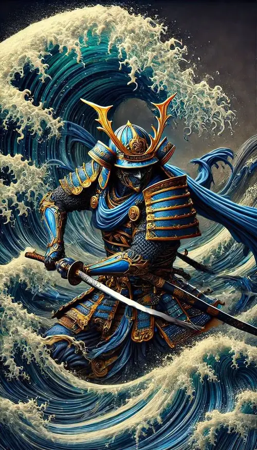 1 Samurai mặc giáp xanh đứng giữa sóng lớn, tay giữ kiếm và nền biển cuộn mạnh phía sau.