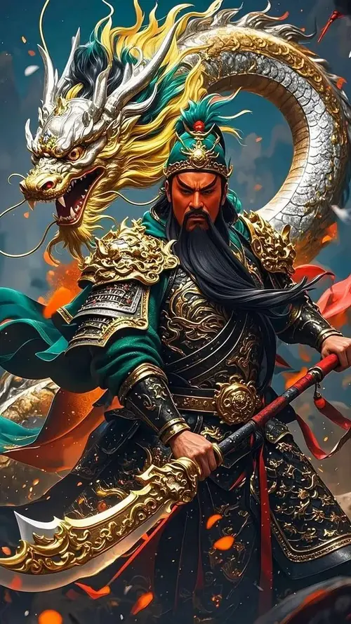 3 Võ tướng áo xanh cầm đao dài, phía sau có rồng vàng bay giữa ánh lửa rực.