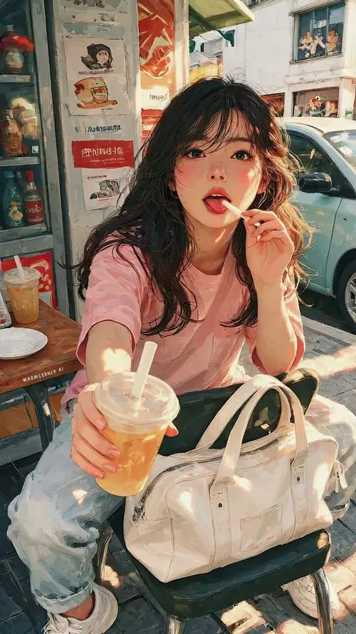 8 Hình nền đẹp 3D nữ đời thường, cô gái cầm kem trước quầy hàng đầy màu.