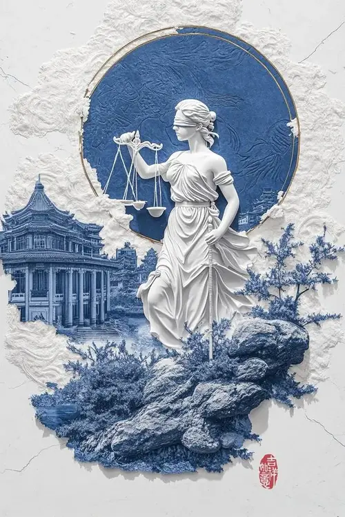 6 Tượng nữ đứng trước vòng tròn xanh, tòa nhà cổ và núi mờ phía sau.