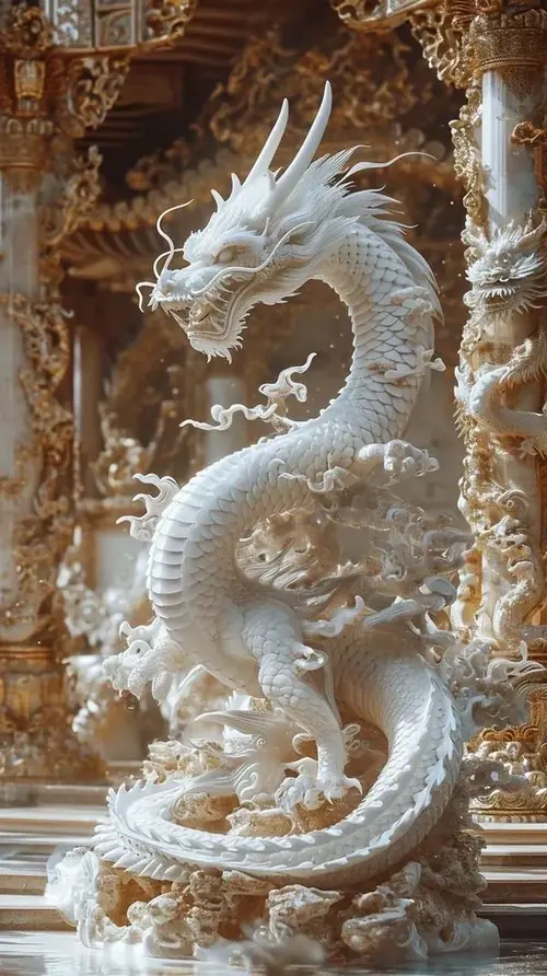 14 Rồng trắng uốn mình trên nền nâu cổ, thân phủ ánh sáng mềm như tượng đá sống động.